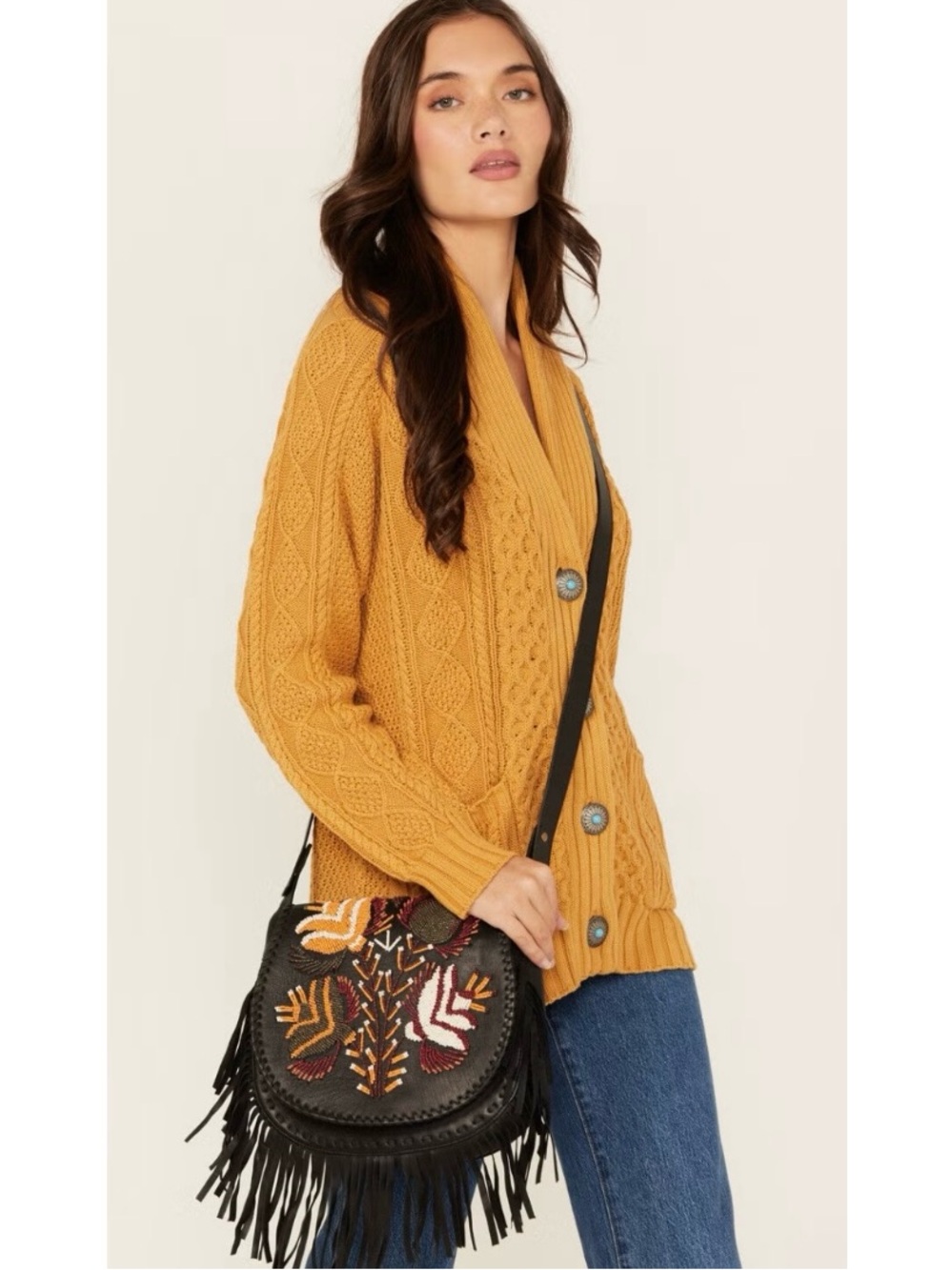 Shyanne Rosalind Floral Beaded Fringe Leather Crossbody Bag